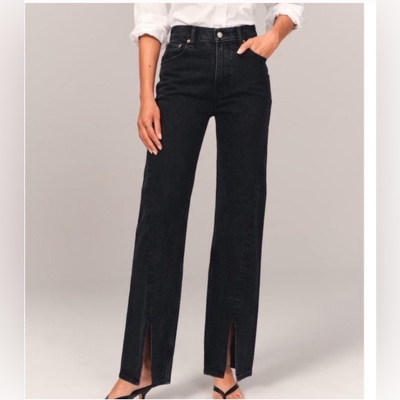 Abercrombie & Fitch Denim - Abercrombie & Fitch Black High-Rise Straight Jeans with Front Slits Long Inseam